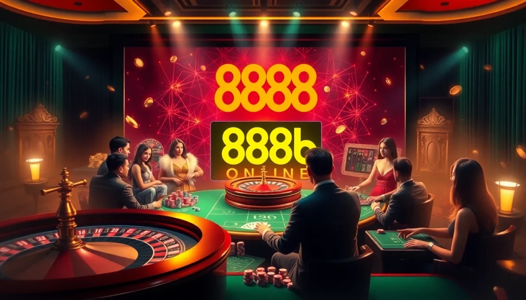 Experience the excitement of 888b online with players at a luxurious casino interface featuring roulette and slots.