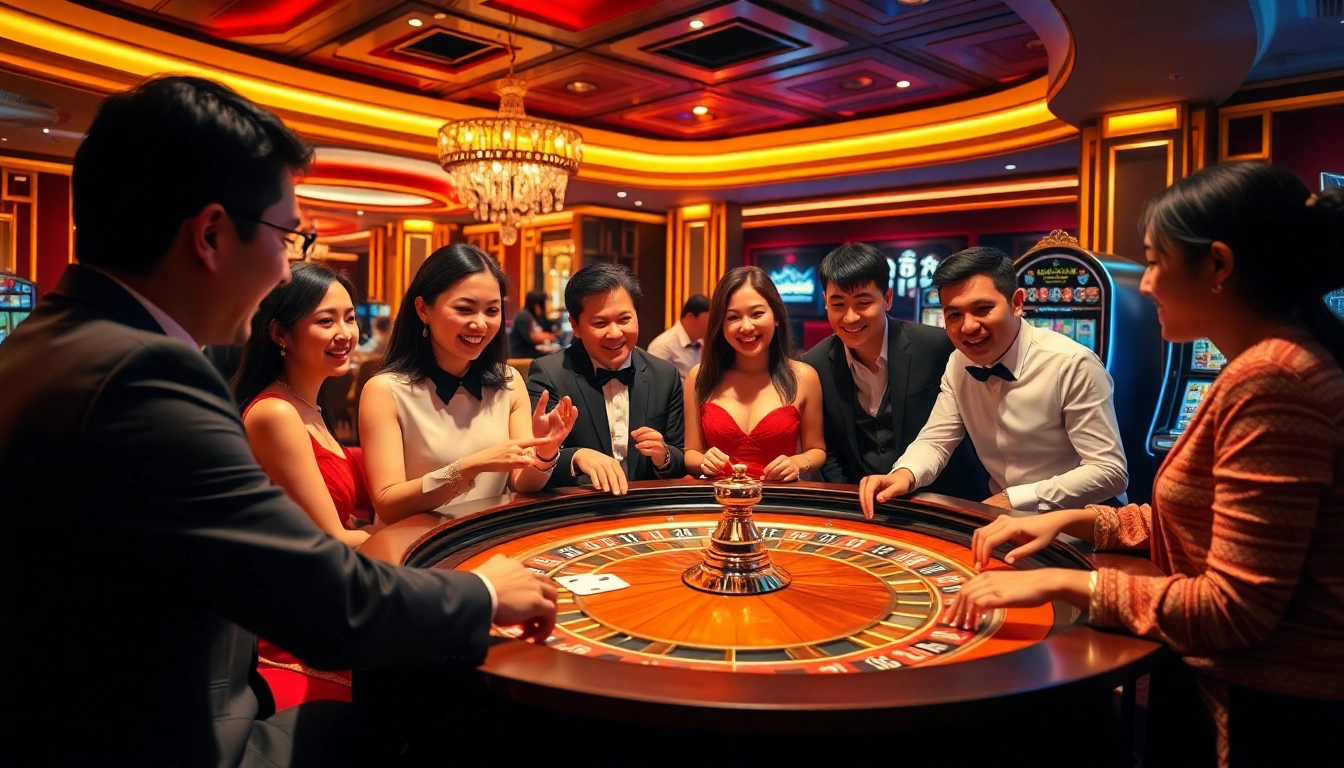 Gamblers enjoying a vibrant casino atmosphere while engaging with 상품권카드 at a roulette table full of excitement.