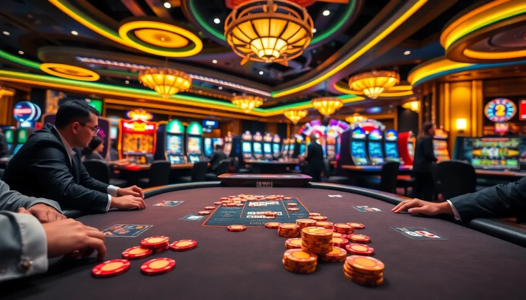 Exciting casino gameplay featuring app 98win, vibrant poker chips, and lavish gaming tables.