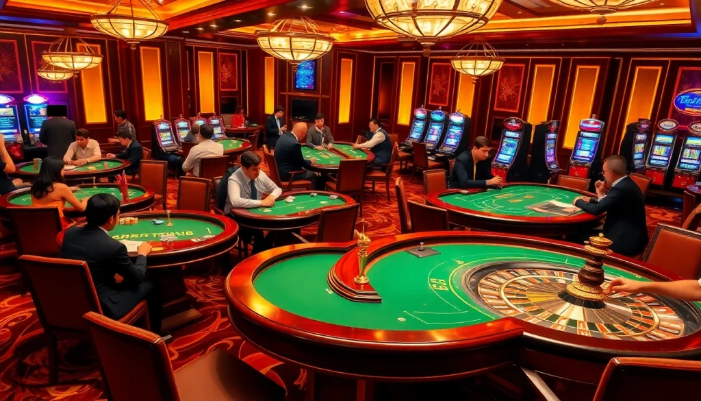 Exciting casino scene at ta88 with players enjoying poker and blackjack amidst vibrant gaming tables.