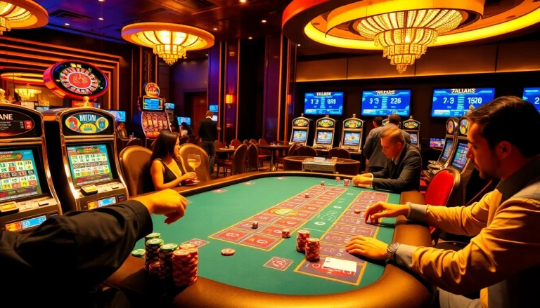 Experience the excitement of ingat bola88 with vibrant casino tables, poker chips, and slot machines in a luxurious setting.