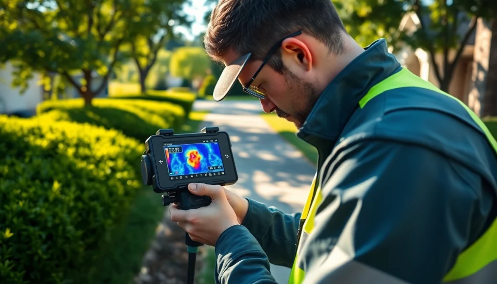 Underground leak detection expert using advanced technology in a residential setting to locate water leaks, showcasing professionalism and trust.