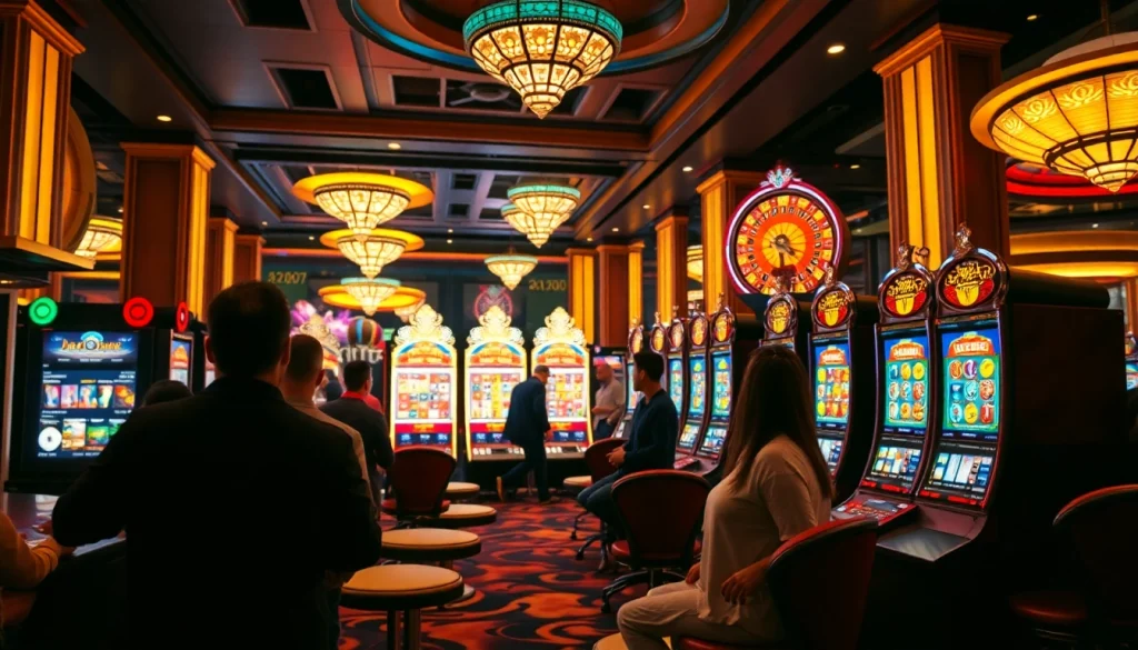 Engaging players at a Situs Slot Gacor with colorful slot machines and casino ambiance.