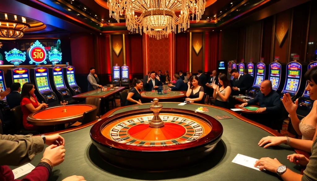 Players engaging in high-stakes gaming at a luxurious casino inspired by https://thabet.vegas/ with vibrant lighting and thrilling atmosphere.