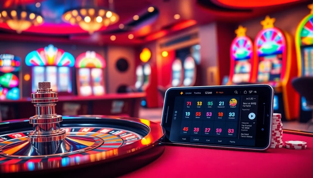 Win big with 12bet in a luxurious casino setting featuring slot machines and poker chips.