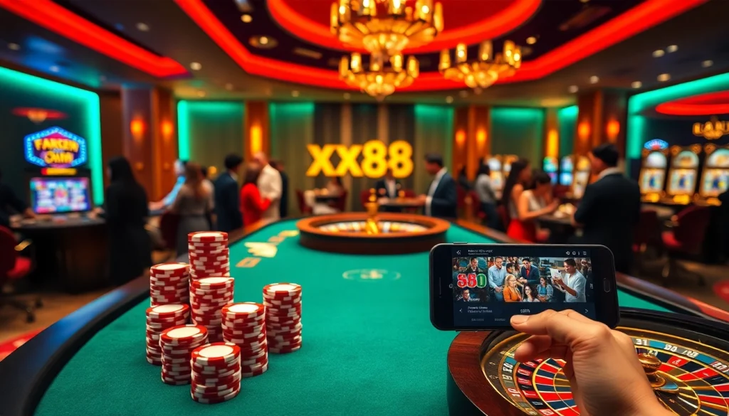 Experience the thrill of gambling at xx88 with vibrant tables, chips, and roulette.
