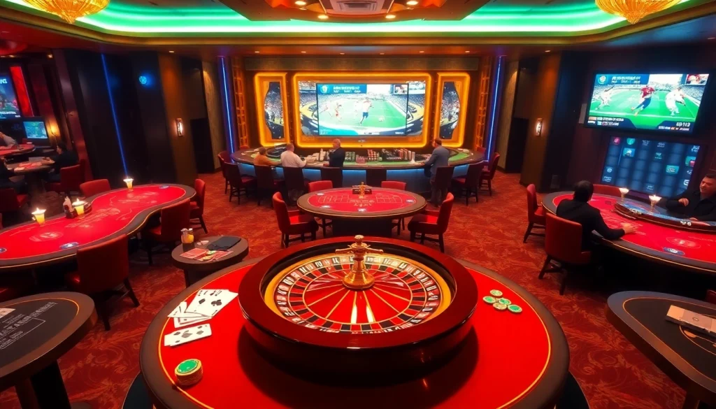 Vankhanhtv displays an elegant casino scene with roulette and live soccer streaming.