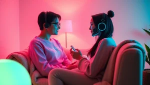 The image illustrates a cozy interaction featuring ai sex chat between a user and an AI character on a digital device.