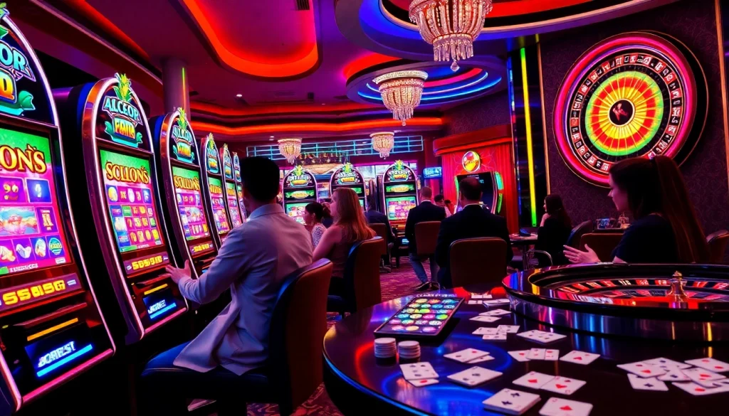 Slot Gacor enthusiasts enjoy vibrant slots in an electrifying casino atmosphere.