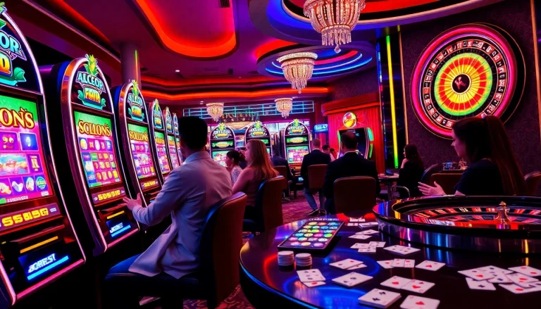 Slot Gacor enthusiasts enjoy vibrant slots in an electrifying casino atmosphere.