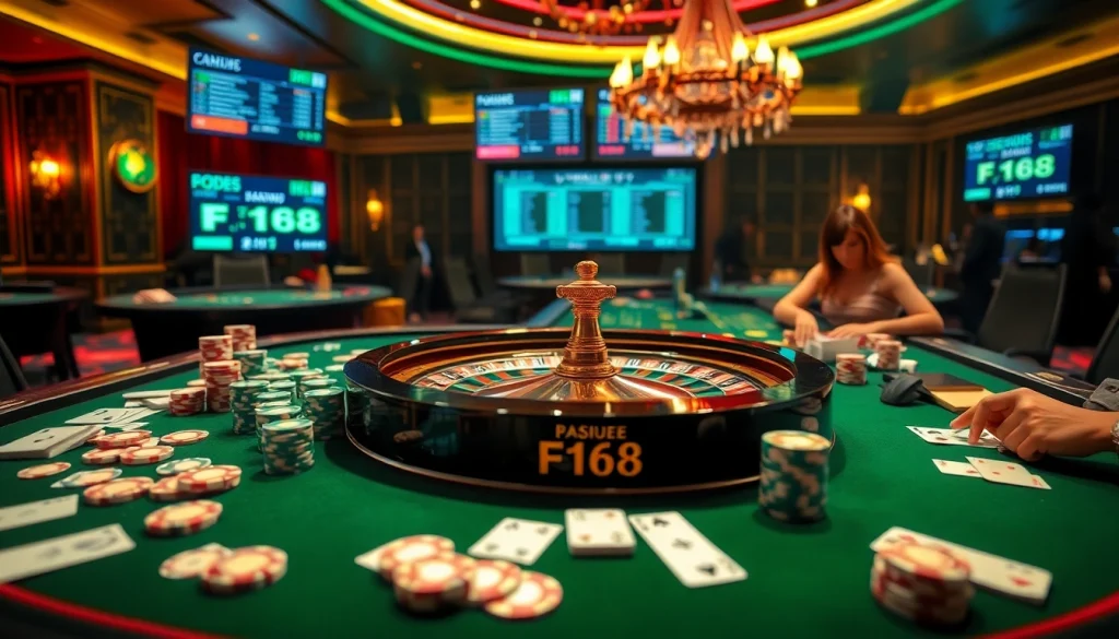 Gambling excitement at nhà cái F168 with casino tables, roulette, and players betting.