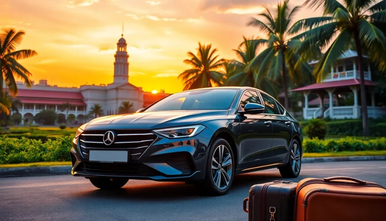 Kuching car hire: Modern vehicle parked against a tropical Kuching sunset.