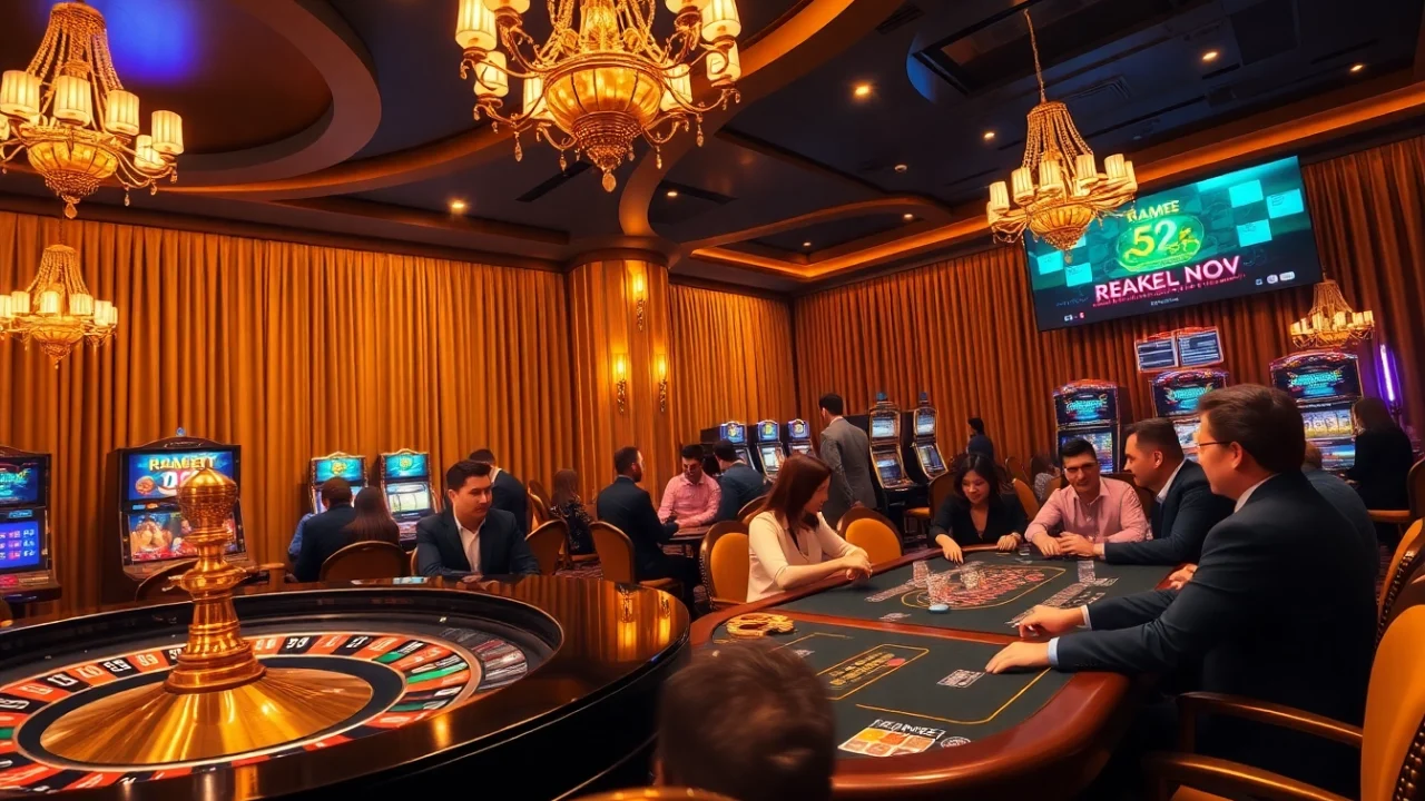 Experience thrilling gameplay at 52WIN Casino with a luxurious poker table and exciting slot machines.