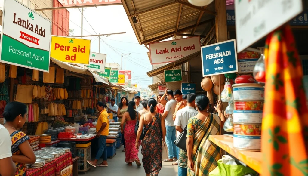 Lanka Add marketplace showcasing vibrant stalls with ads for personal and spa services in Sri Lanka.