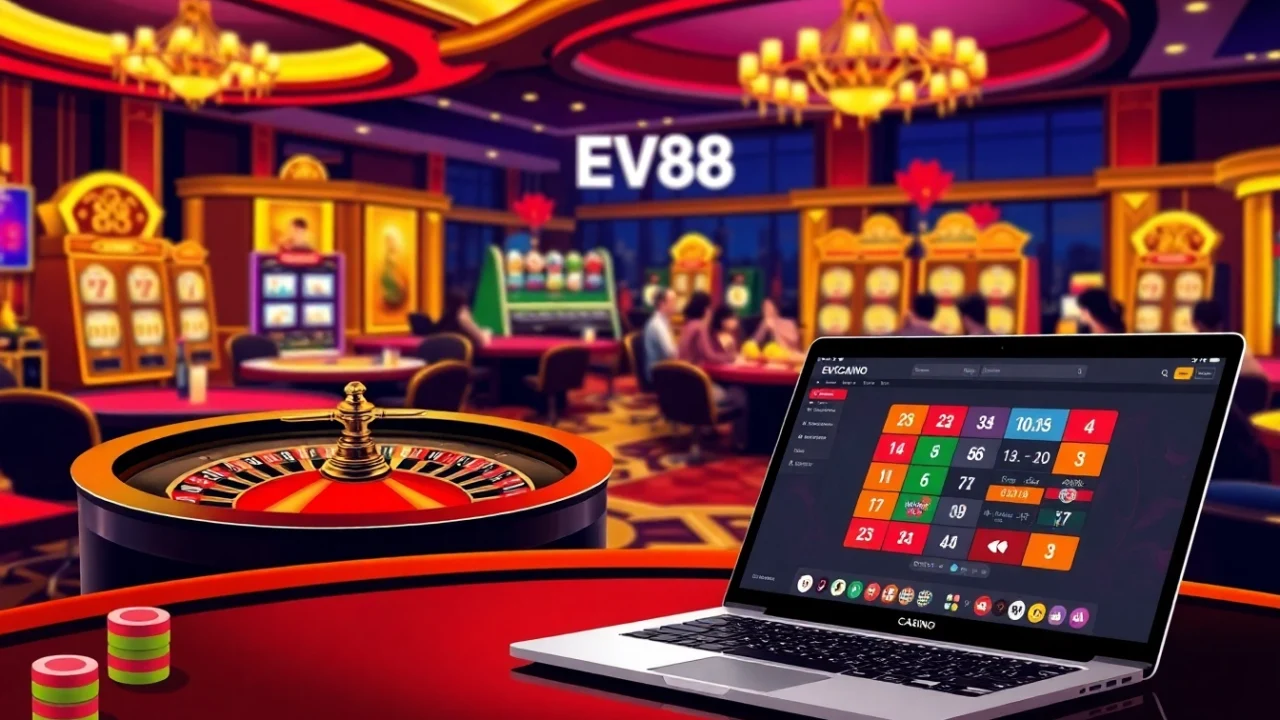 Experience the excitement of EV88 Casino with live gaming tables and vibrant slot machines.