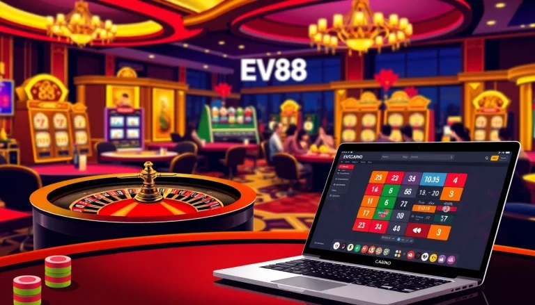 Experience the excitement of EV88 Casino with live gaming tables and vibrant slot machines.