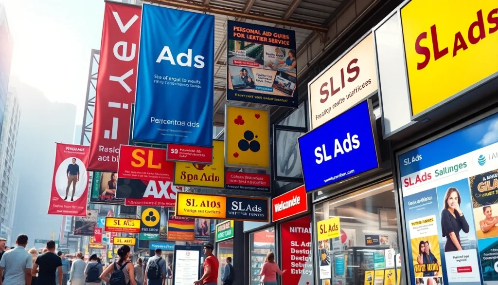 Engaging SL Ads marketplace showcasing diverse personal and spa advertisements in a vibrant urban setting.