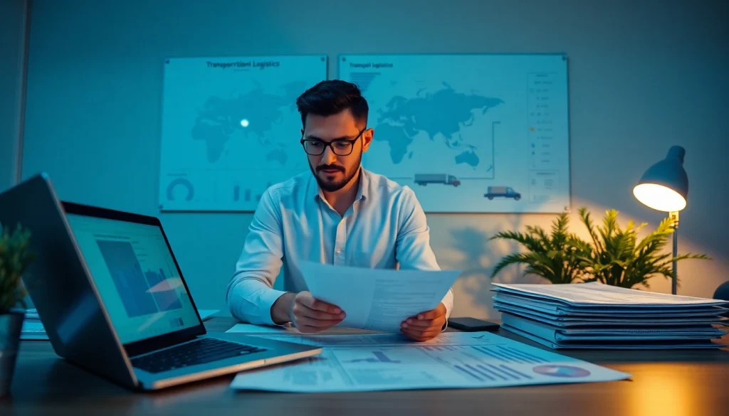Księgowość dla firmy transportowej, prezentowana w profesjonalnym środowisku biurowym, podkreślająca nadzór finansowy.