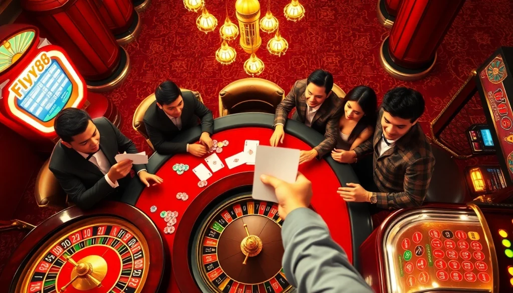 Players enjoying high-stakes games with the fly88 code displayed in a vibrant casino environment.