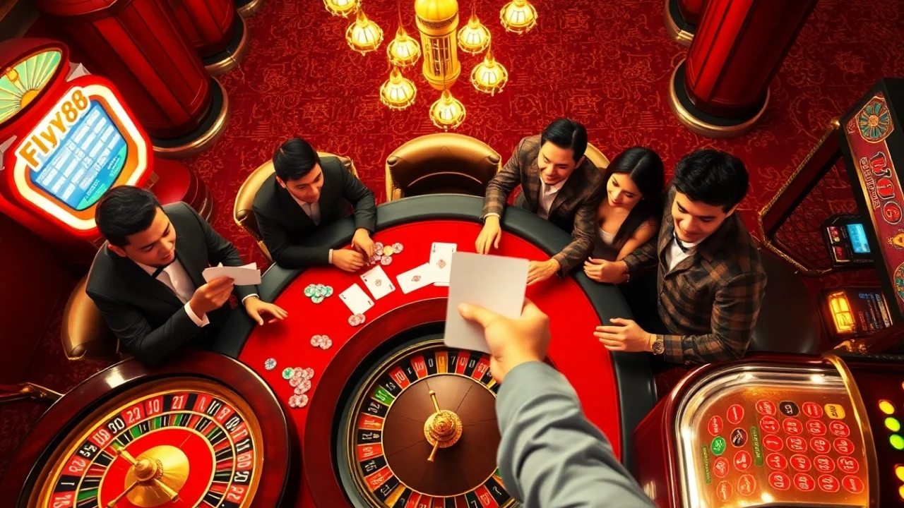 Players enjoying high-stakes games with the fly88 code displayed in a vibrant casino environment.