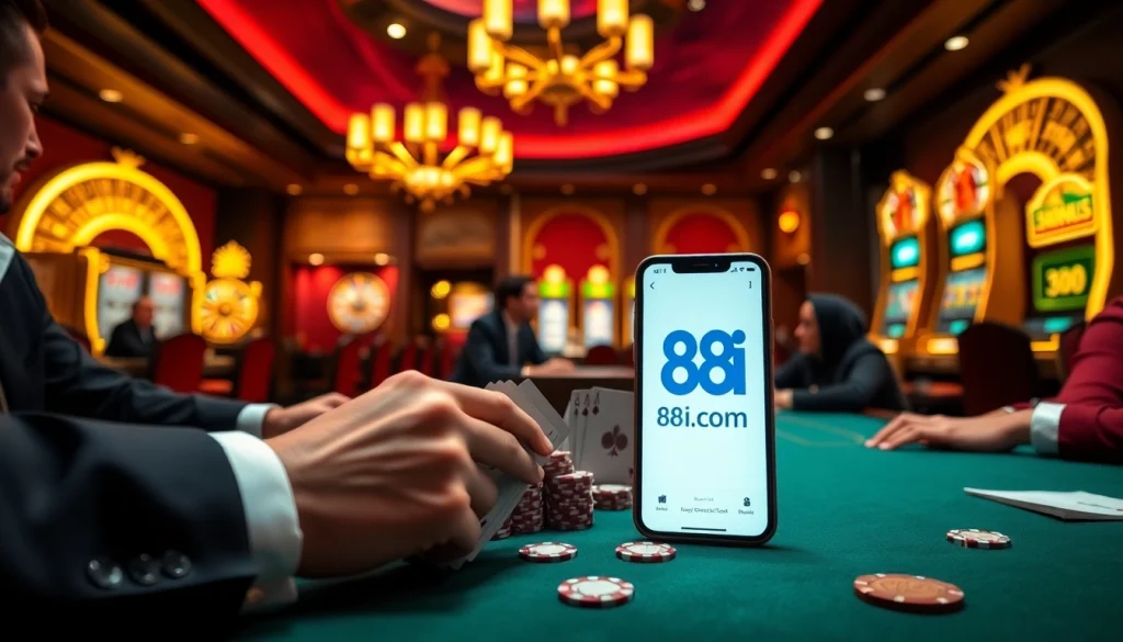 Experience high-stakes gaming at 88i com with poker chips and a vibrant casino backdrop.