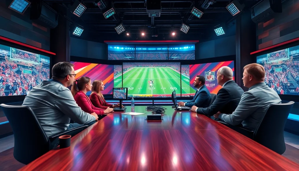 Engaging sports broadcasting panel analyzing a live event with vibrant visuals.