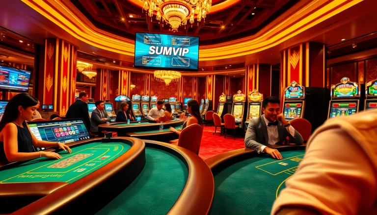 The sumvip app interface shines in a luxury casino scene filled with animated slot machines and elegant poker tables.