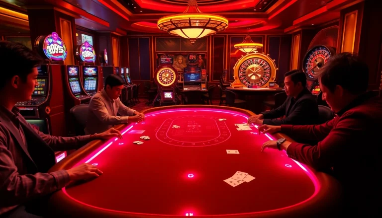 Exciting scene of players at a poker table in a luxury casino setting, emphasizing 'trang chu 98win'.