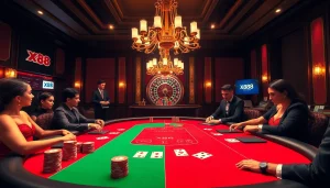 x88 poker players strategizing over a high-stakes table in an opulent casino setting.