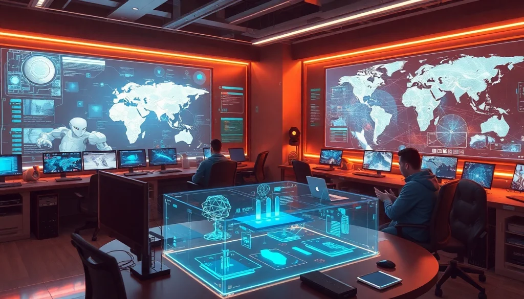 Creating an innovative game AI development scene with programmers and holographic displays.