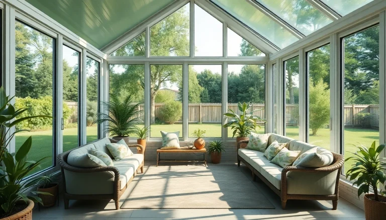 Gorgeous enclosed sunroom with glass panels and cozy seating, highlighting a relaxing atmosphere.