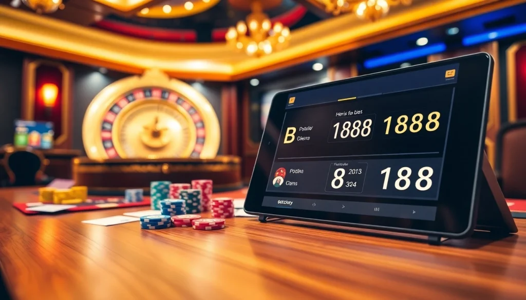 Engage with bong da bet168 through a vibrant casino scene showcasing poker chips and betting tables.