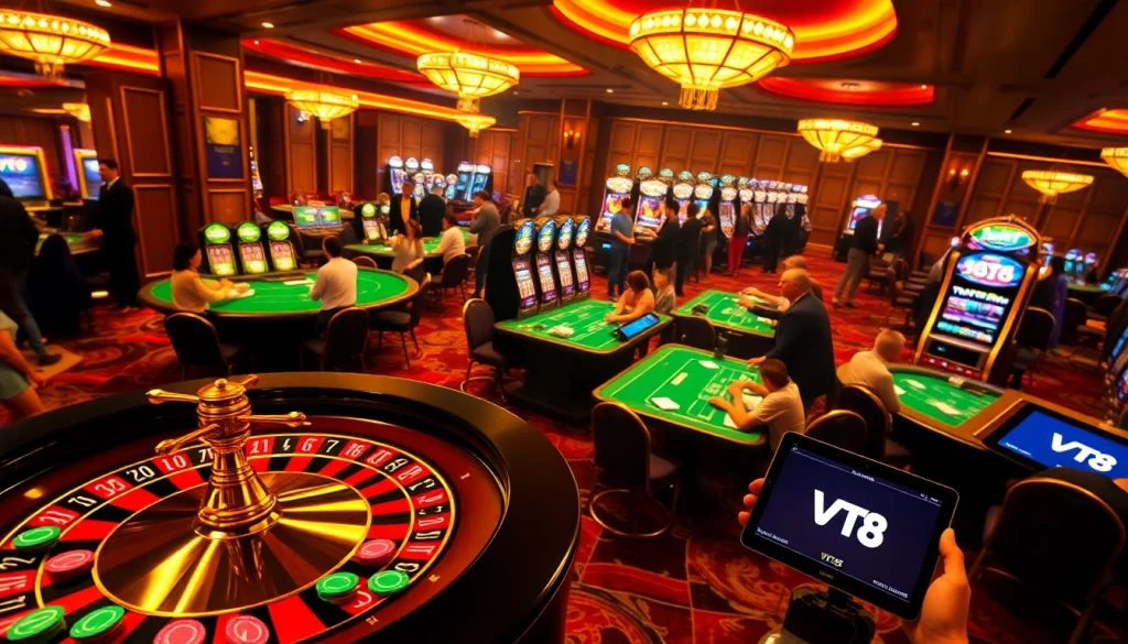 Players enjoying a lively casino scene with VT 88 logo, highlighting the thrill of gambling.