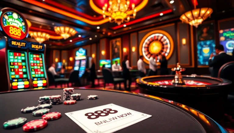 Experience the thrill of winning at 888 NOW with poker, slot machines, and roulette in a luxurious casino setting.