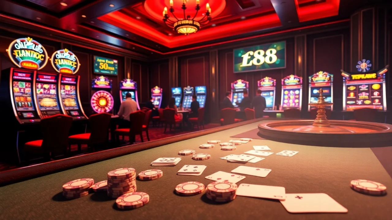 Engaging scene of a casino with FLY88 Link elements, featuring excited players at tables and machines.