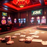 Engaging scene of a casino with FLY88 Link elements, featuring excited players at tables and machines.