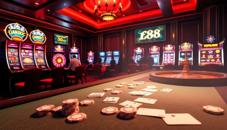 Engaging scene of a casino with FLY88 Link elements, featuring excited players at tables and machines.