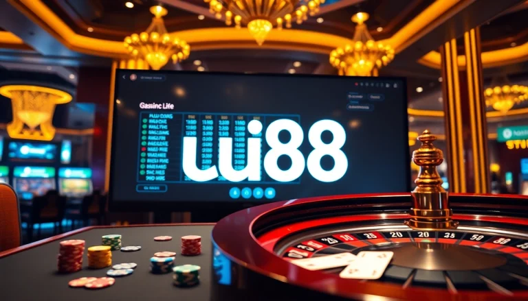 Experience the thrill of uu88 online gambling with vibrant poker chips and a roulette wheel.