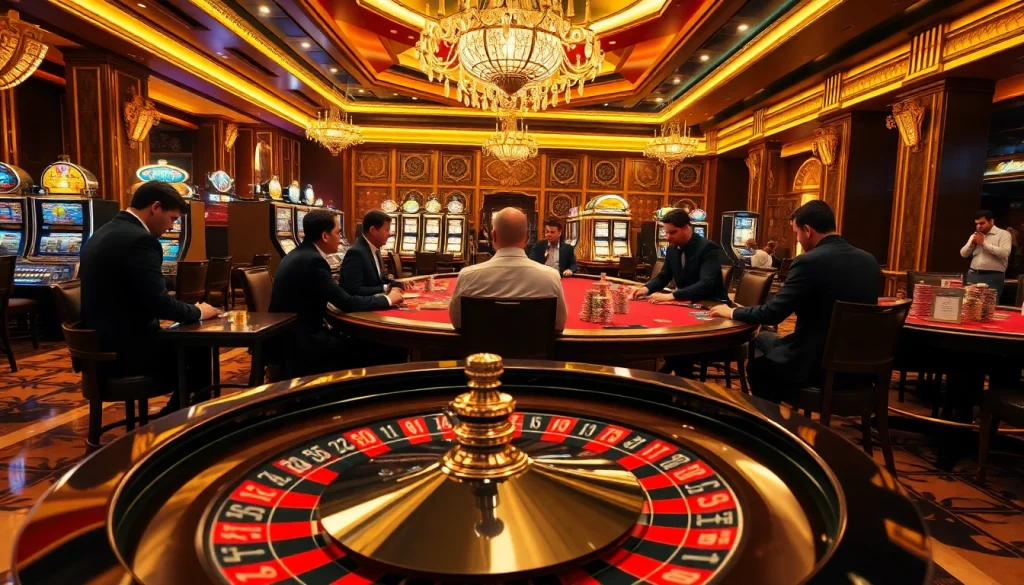 Dynamic casino atmosphere featuring professional players and exciting gambling elements like xo88t3 poker tables and roulette wheels.