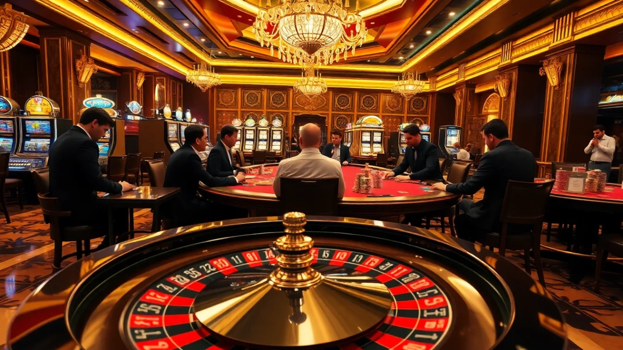 Dynamic casino atmosphere featuring professional players and exciting gambling elements like xo88t3 poker tables and roulette wheels.