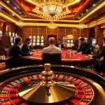 Dynamic casino atmosphere featuring professional players and exciting gambling elements like xo88t3 poker tables and roulette wheels.