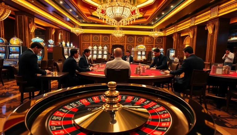 Dynamic casino atmosphere featuring professional players and exciting gambling elements like xo88t3 poker tables and roulette wheels.