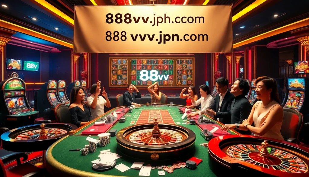Players engaging at the luxurious live dealer table highlighted by 88vv.jpn.com, celebrating casino gaming excitement.