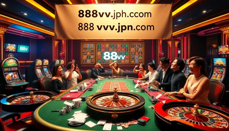 Players engaging at the luxurious live dealer table highlighted by 88vv.jpn.com, celebrating casino gaming excitement.