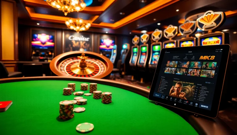 Experience luxury gambling at MK 8 with poker tables, vibrant chips, and exciting slot machines.