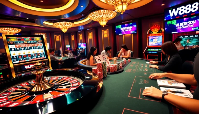 Players engaging in high-stakes action at the w88 tv casino table with vibrant poker chips.