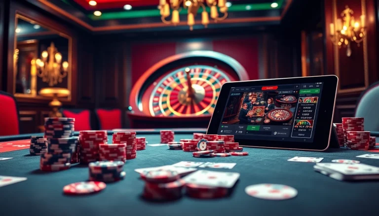 Experience the thrill of gambling at trang chủ UU88 with a luxury casino setup featuring poker chips and a roulette wheel.