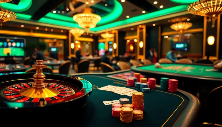 FLY88 players immersed in an exciting casino experience with roulette and poker tables.