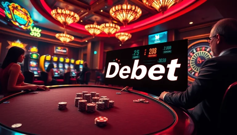 Players engaging in high-stakes poker at a luxury casino, showcasing Debet betting interface.