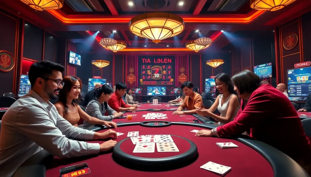 Exciting virtual casino scene with players enjoying top card games at gamebaidoithuong.com.vc, vibrant colors and dynamic atmosphere.